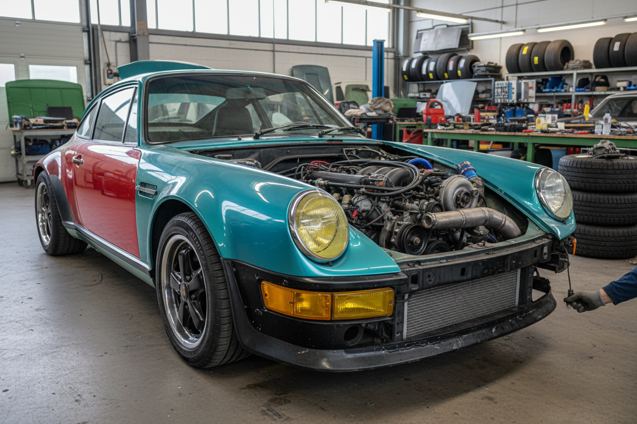 automobile sportiva riparata con pezzi di ricambio usati