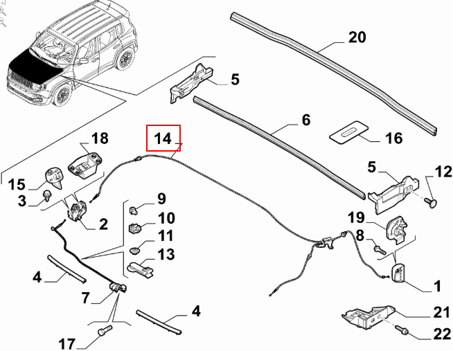 FLESSIBILE CAVO APERTURA COFANO ANTERIORE ORIGINALE JEEP RENEGADE COD. 52112382