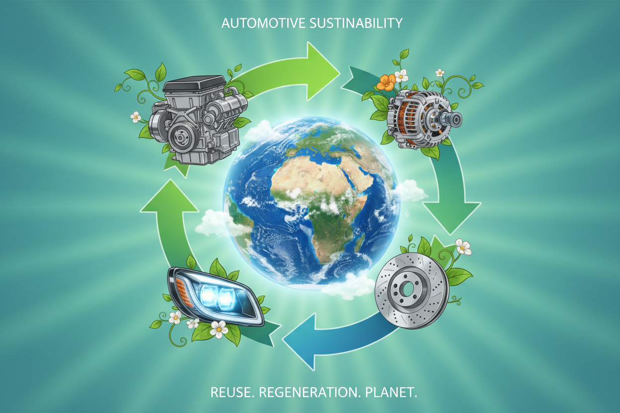vorrei un immagine che rappresenti l'importanza del riutilizzo nel mondo dei ricambi auto e che questo processo porta benefici a tutto il pianeta 
